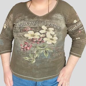 Vintage roses fairy grunge embellished army green graphic top